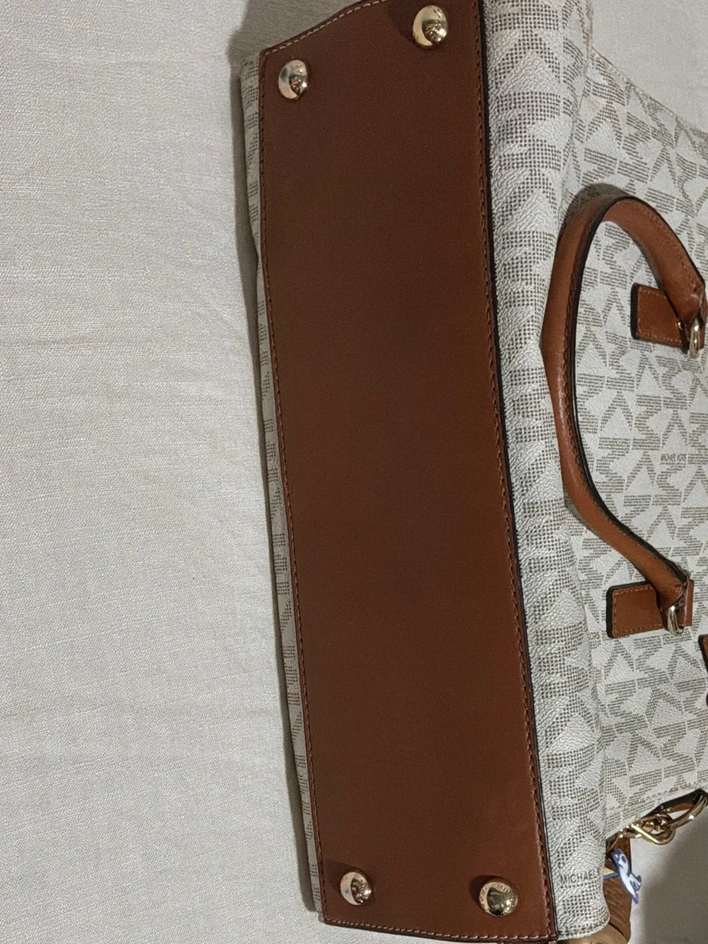 Michael Kors Cream and Brown MK Signature Tote with Gold Hardware